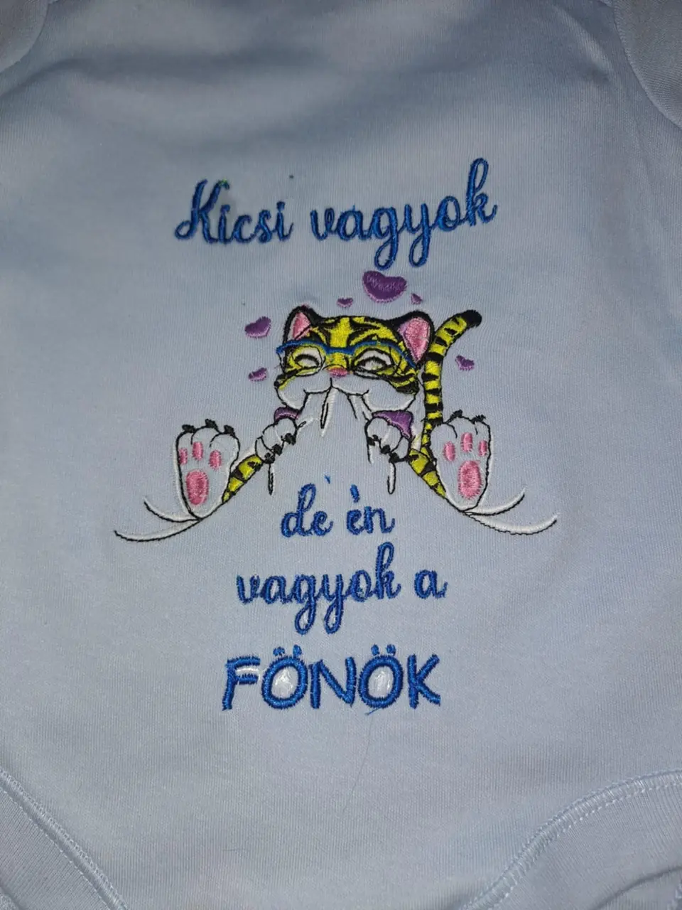 Babaruha cicás hímzéssel és „Kicsi vagyok, de én vagyok a FŐNÖK” felirattal