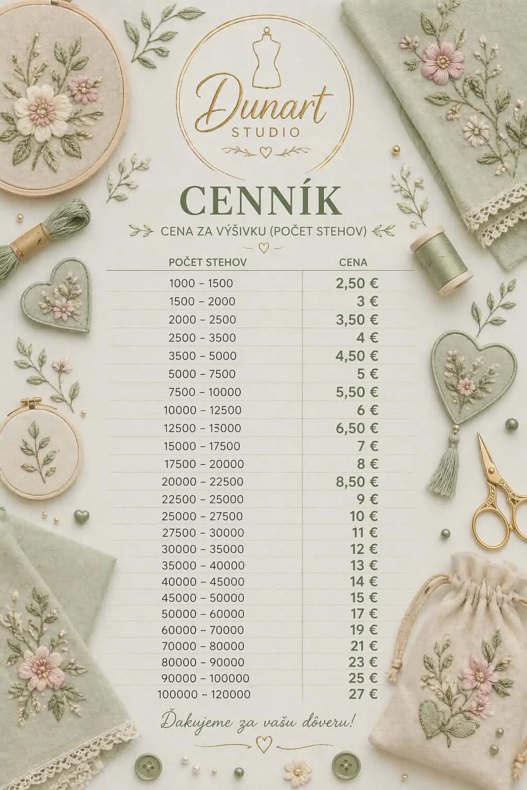Cenník výšivky Dunart Studio podľa počtu stehov: 1000–1500 stehov 2,50 €, pásma stúpajú až po 100 000–120 000 stehov za 27 €